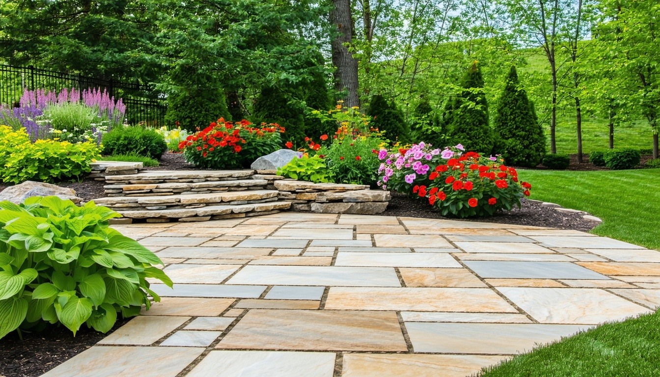 A beautifully landscaped yard with a stone patio,